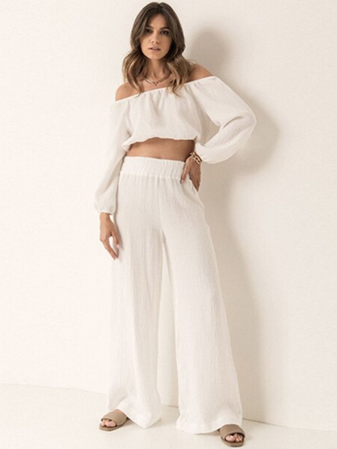 Off Shoulder Long Sleeve Top and Pants Set