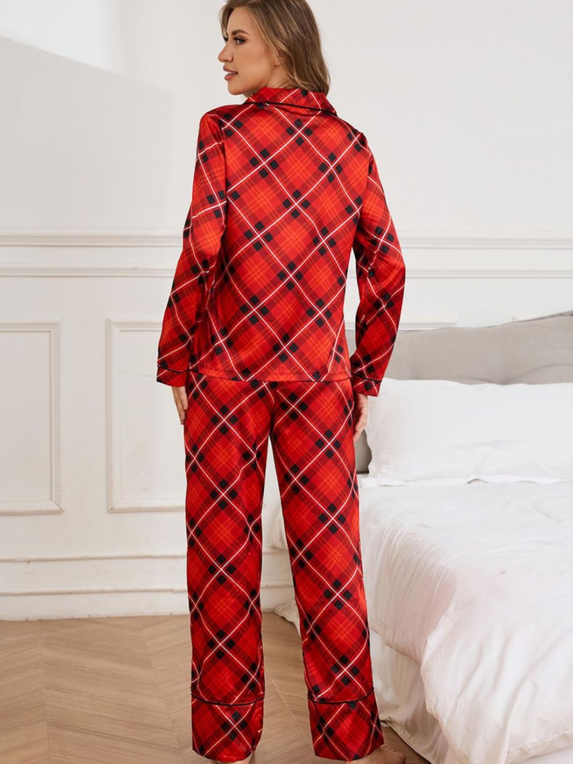 Plaid Button Up Long Sleeve Top and Pants Lounge Set