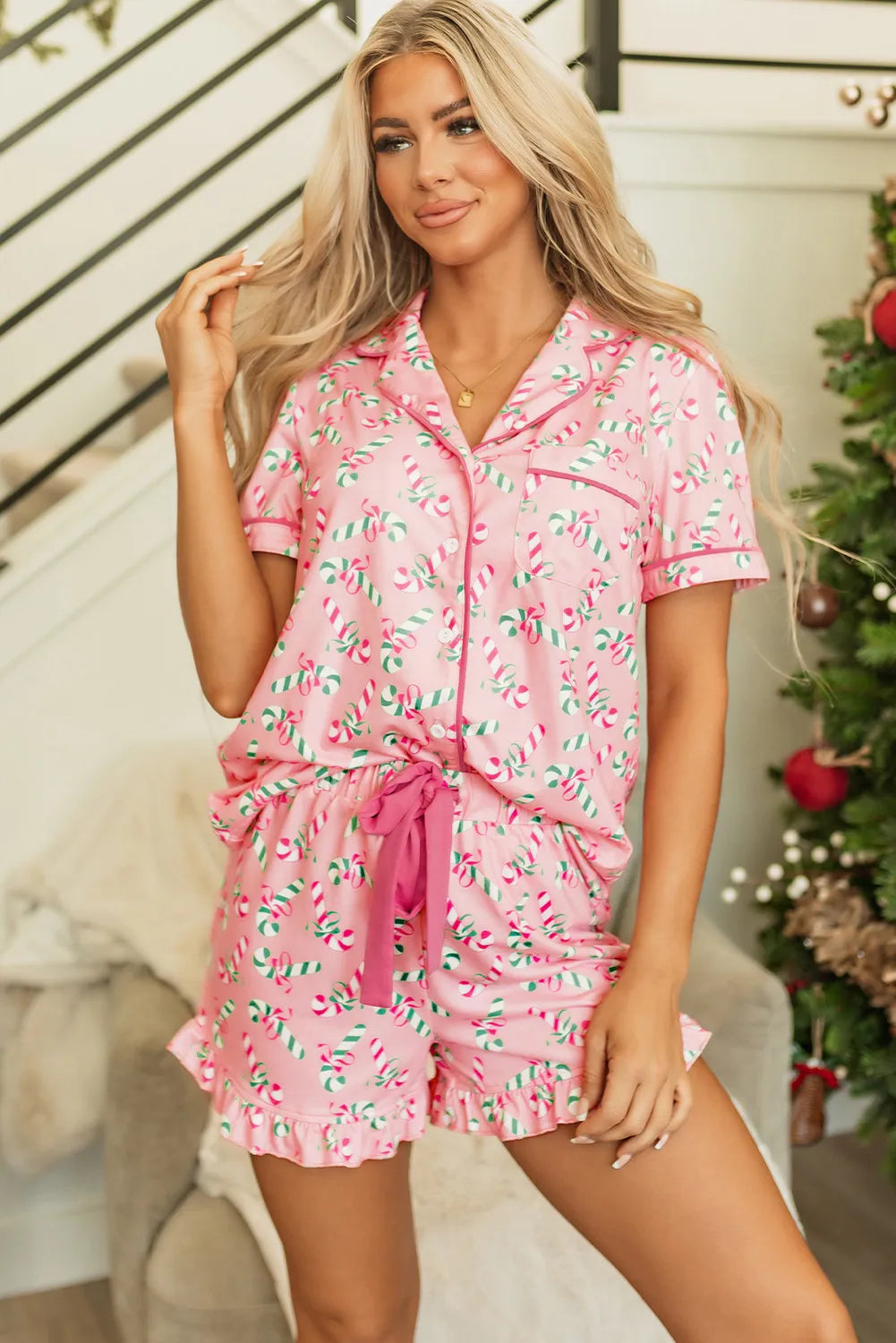 Candy Cane Collared Neck Top and Shorts Lounge Set