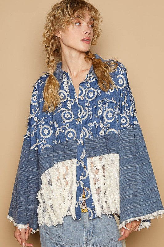 POL Lace Hem Embroidered Long Sleeve Shirt