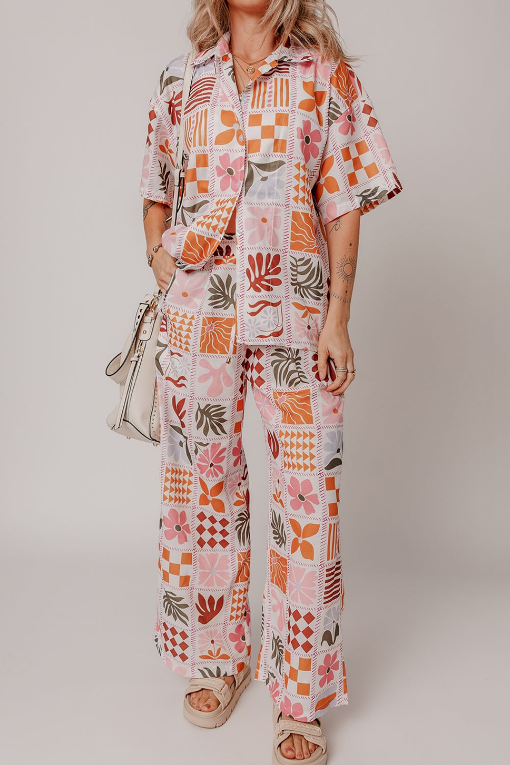 Printed Collared Neck Shirt and Wide Leg Pants Set