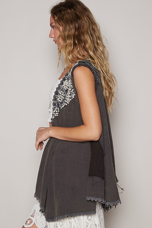 POL Embroidered Pearls Open Front Sleeveless Cardigan