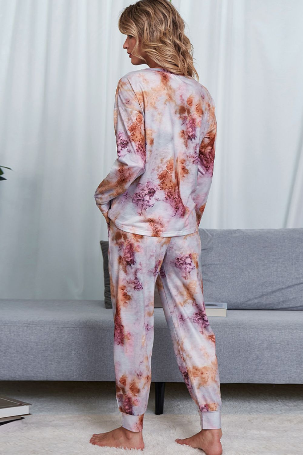 Shiny Tie-Dye Crewneck Top and Drawstring Waist Joggers Lounge Set