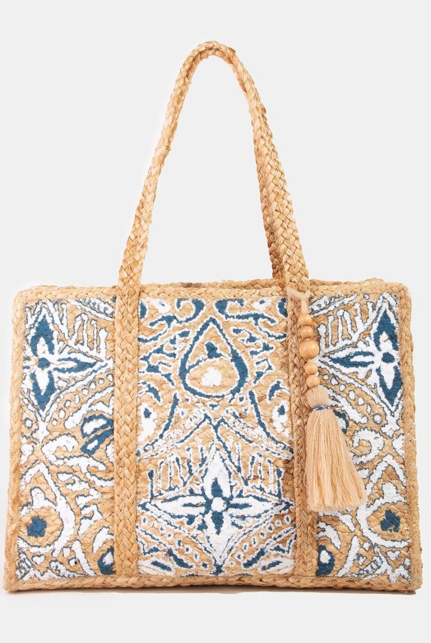 Fame Blue And White Intricate Print Jute Tote Bag