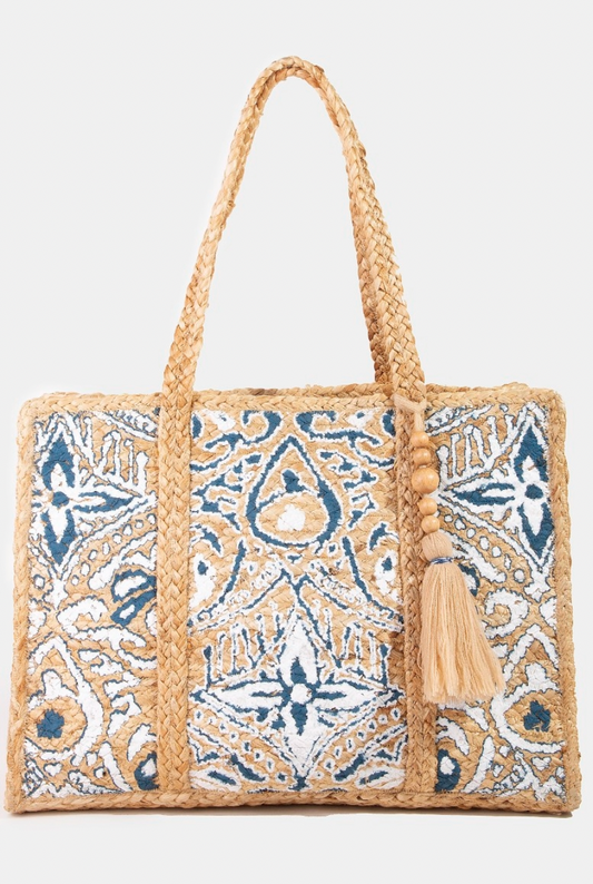 Fame Blue And White Intricate Print Jute Tote Bag