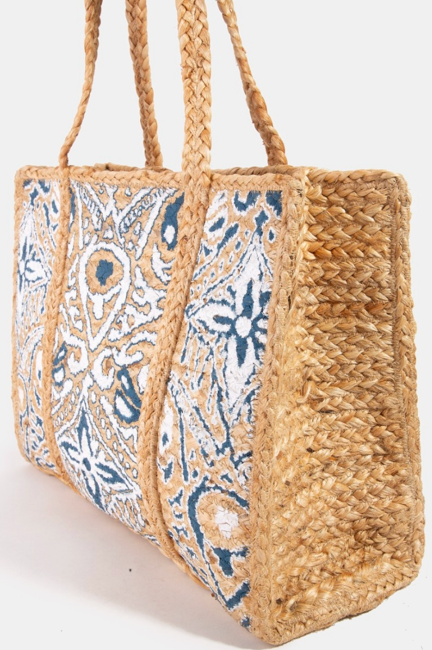 Fame Blue And White Intricate Print Jute Tote Bag