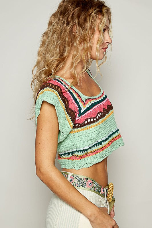 POL Openwork Ethnic Pattern Square Neck Cropped Knit Top