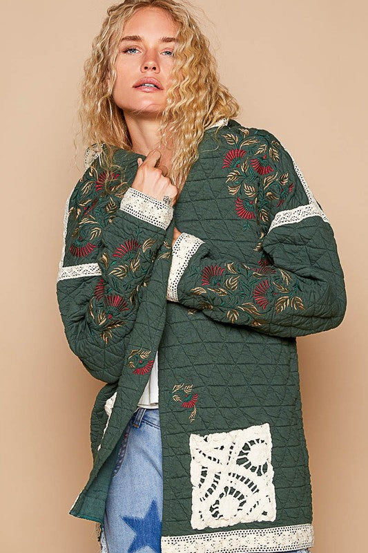 POL Embroidered Open Front Quilted Jacket with Crochet Pockets