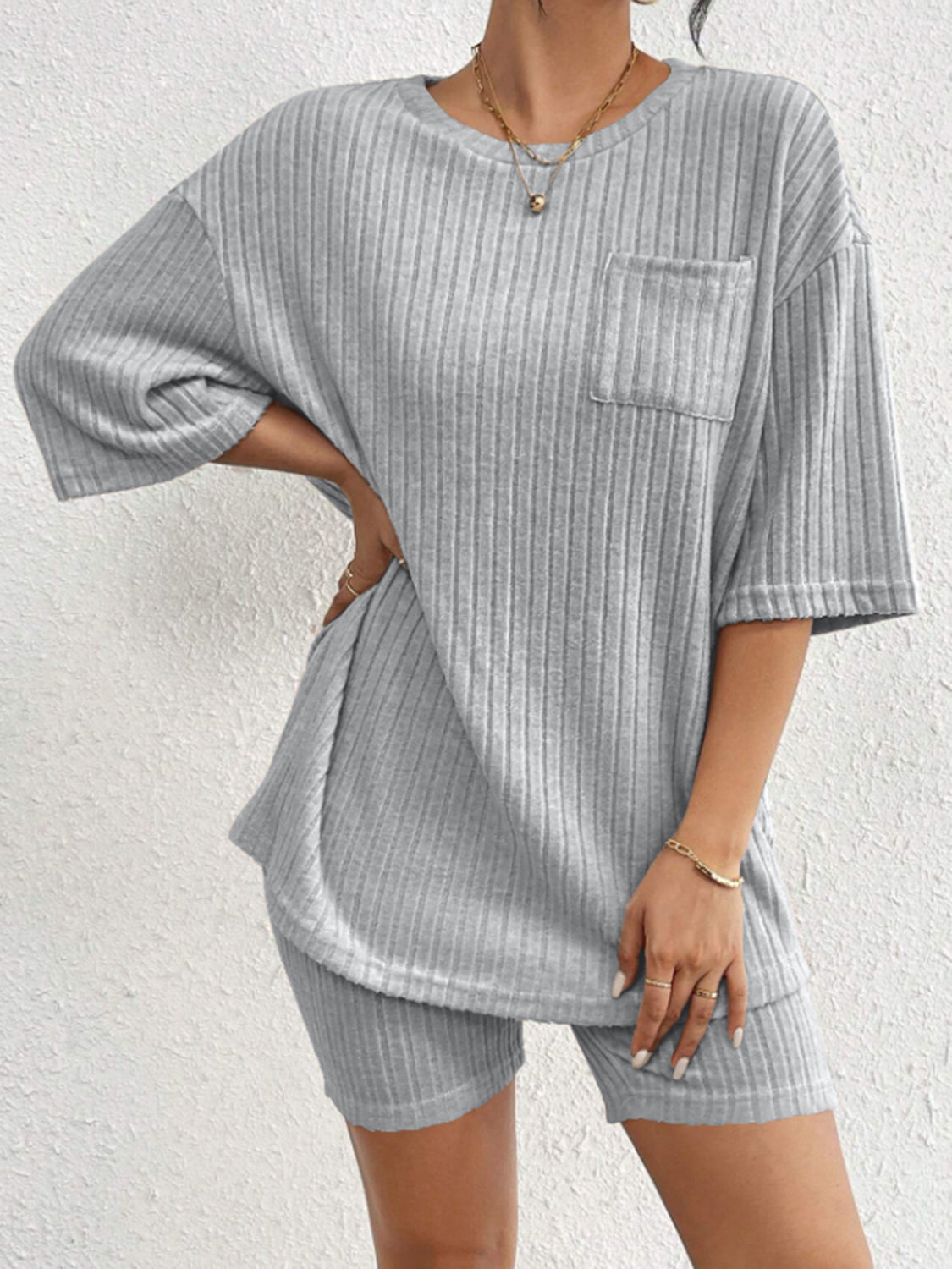 Ribbed Round Neck Top and Shorts Set