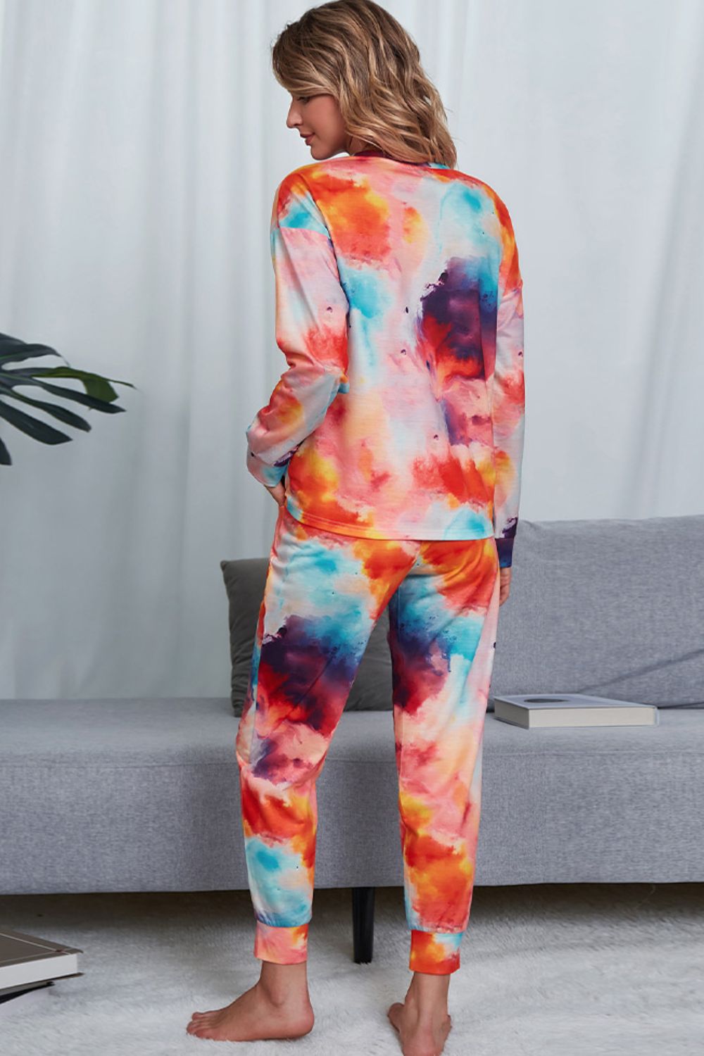 Shiny Tie-Dye Crewneck Top and Drawstring Waist Joggers Lounge Set