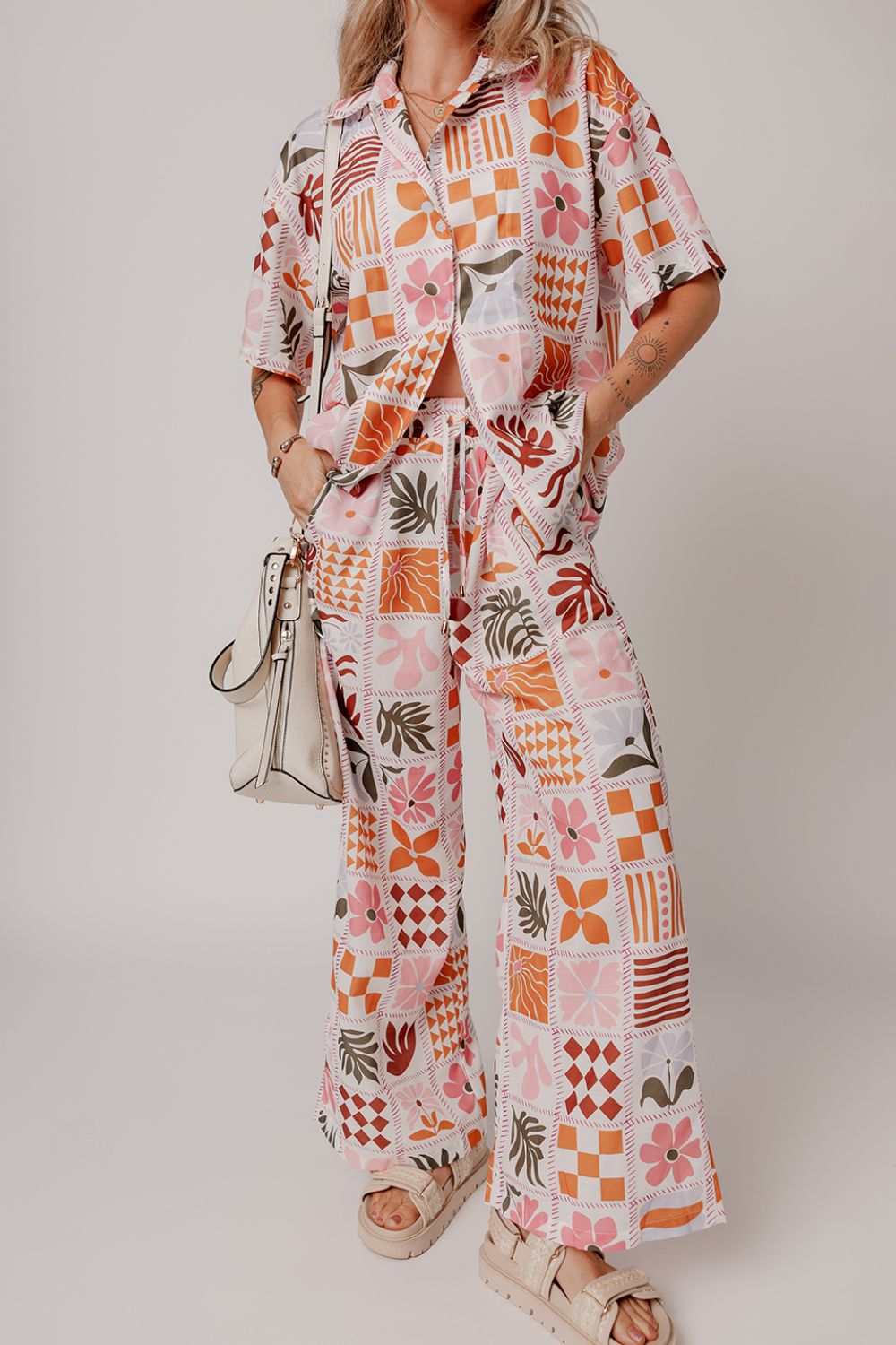 Printed Collared Neck Shirt and Wide Leg Pants Set