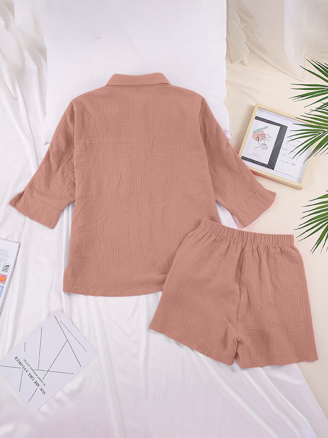 Texture Button Up Shirt and Shorts Set