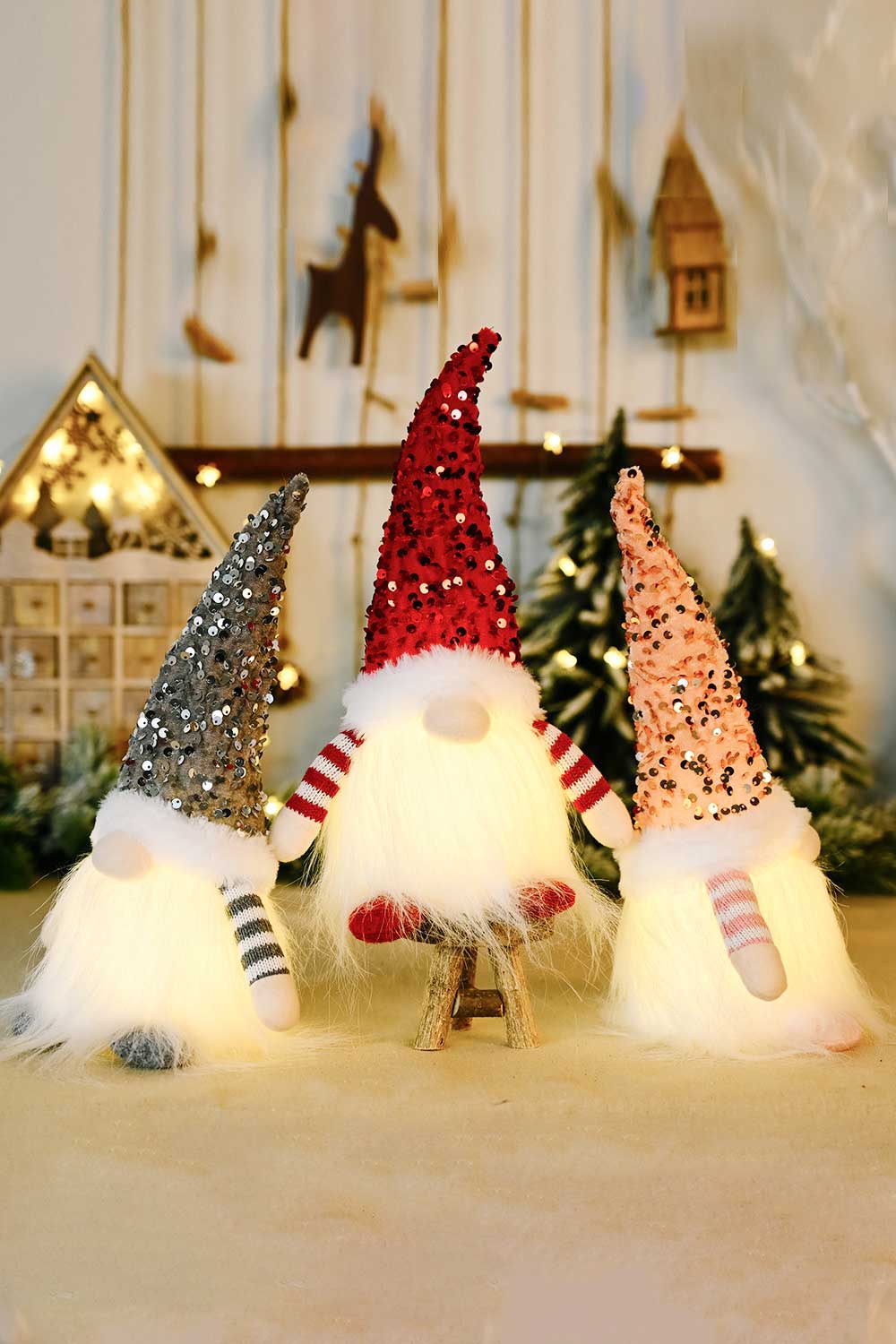 3-Pack Sequin Light-Up Christmas Gnomes